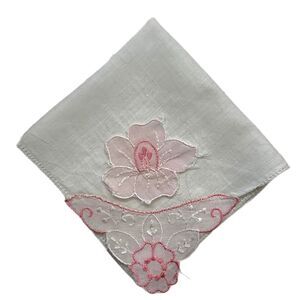 Heirloom Embroidered 3D Pink Flower Bridesmaid Handkerchief Cottage Coquette